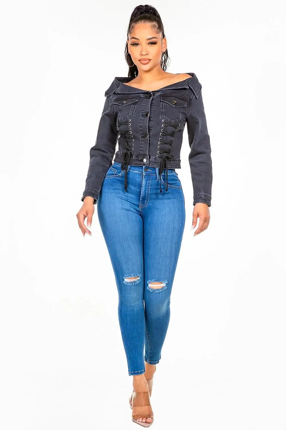 Chic off-shoulder lace-up denim jacket - Love Salve
